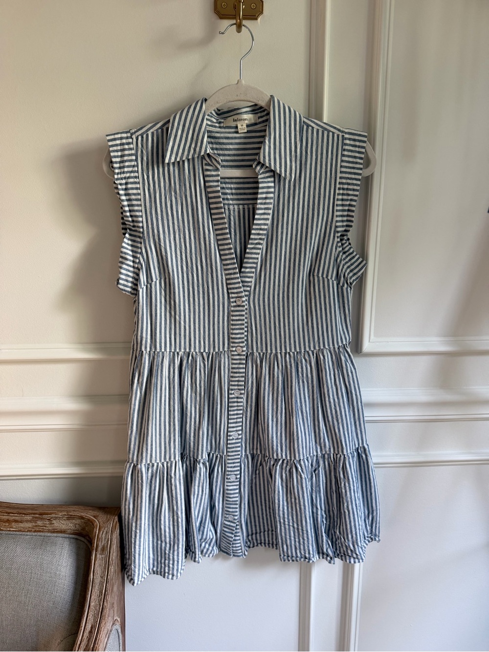 Striped Sleeveless Tiered Mini Dress in Blue and White